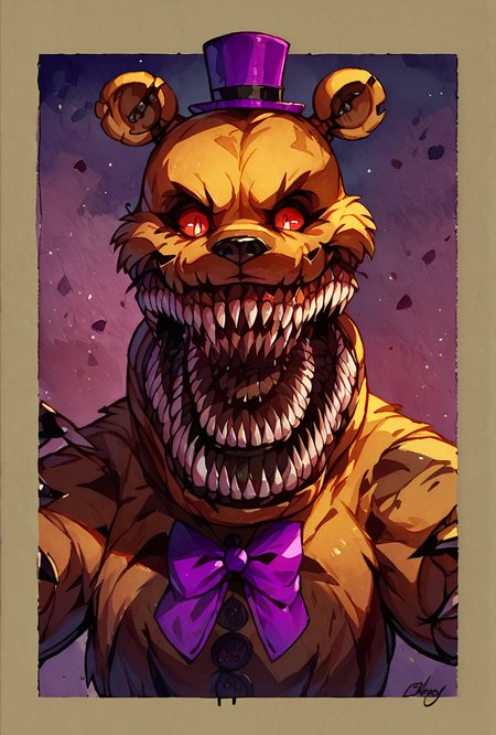 score_9, score_8_up, score_7_up,,  good quality ,, character focus, solo, , best quality , detailed background,  <lora:fredmare-04:1> fredmare, purple top hat, , teeth, no humans, purple bowtie, sharp teeth, claws, red eyes, bear, mini hat, , simple   <lora:Organic_Sauce:1> ((watercolor)), solo, dark room, dark scene,