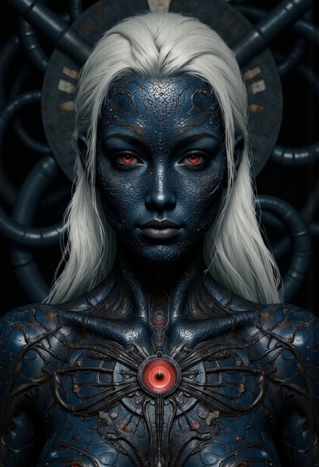 An extreme closeup portrait for an enigmatic and otherworldly woman with intricately textured metallic skin, their face and body adorned with elaborate biomechanical patterns that ripple like living armor. The figure's piercing crimson eyes glow with an intense, otherworldly energy, contrasting sharply with the cool, dark tones of their neck and face. Long, silver-white hair cascades down their back, enhancing their ethereal and alien appearance. The dimly lit, shadowy background emphasizes their enigmatic presence, evoking a sense of mystery and power.