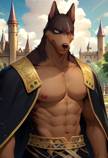 score_9, score_8_up, score_7_up, 8k, detailed design, detailed background, detailed characters, masterpiece, anthro only, furry only, 1boy, solo,  <lora:Gleipnir-000002>, gleipnir, dog boy, dark fur, black cape, topless, close up, no iris, one scar over eye,    outside, castle,
