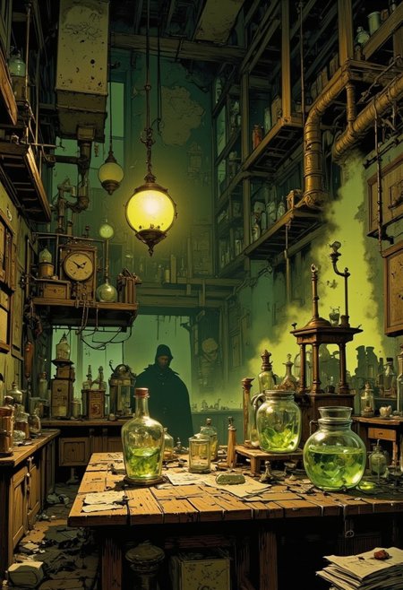trashpunk, futuristic laboratory, steampunk style, intricate machinery, glowing green liquids, eerie green light, large glass bottles, various scientific instruments, old-fashioned clock, wooden table cluttered with jars and containers, medieval-style lantern hanging from the ceiling, dimly lit, shadowy figure in the background, gothic atmosphere, detailed textures, metal pipes, glassware, parchment papers, scattered notes, laboratory equipment, mysterious ambiance, dark green and yellow color scheme, intricate designs, sci-fi elements, fantasy setting, old books on shelves, foggy background, industrial aesthetic, magical potions, alchemy theme, intricate glasswork, fantasy art, detailed illustration, sci-fi art, atmospheric, mysterious, detailed background, dark and moody, intricate details, gothic fantasy, detailed artwork, imaginative, surreal, mysterious laboratory, eerie glow, dark fantasy, intricate machinery, steampunk elements, detailed illustration, gothic art, atmospheric scene, sci-fi fantasy, detailed textures, intricate designs, gothic elements, mysterious atmosphere, dark and moody, detailed artwork, intricate details, gothic fantasy, imaginative, surreal, mysterious laboratory, eerie glow, dark fantasy, intricate machinery, steampunk elements, detailed illustration, gothic art, atmospheric scene, sci-fi fantasy, detailed textures, intricate designs,