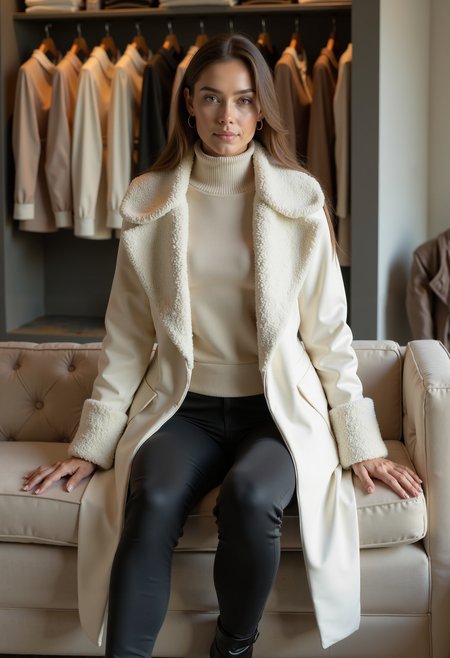 full body shot, beautiful woman, clo023, wearing a closed longline cream coat, shearling collar and cuffs, belted at the waist, sweater, black trousers, boots, sitting on a couch in a detailed fashion store,