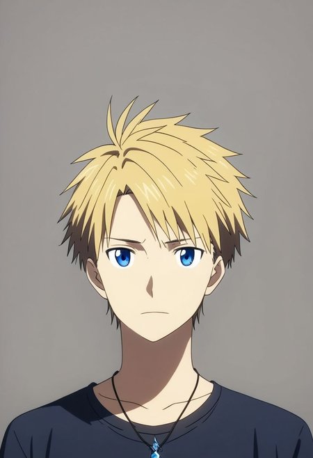 high resolution, solo, best quality, 1Boy, Yamato Ishida, Blond Hair, Blue Eyes, Necklace, potrait, dark shirt, looking at viewer, focused gaze forward, simple background, straight body, upper body, head upright, love, OverallDetail