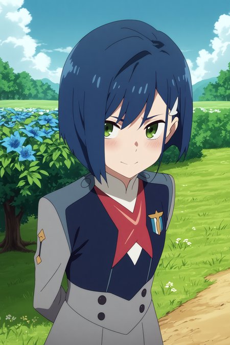  ichigo,1girl,solo,short hair,uniform,military_uniform,military,hair ornament,hairclip,looking at viewer,light smile,arms_behind_back,from_above BREAK outdoors,blue sky,cloudy_sky,blue flower,blue theme,tree with blue flowers  <lora:Ichigo_-_Darling_in_the_franxx.safetensors:0.8> <lora:detailed_backgrounds_v2.safetensors:0.5>