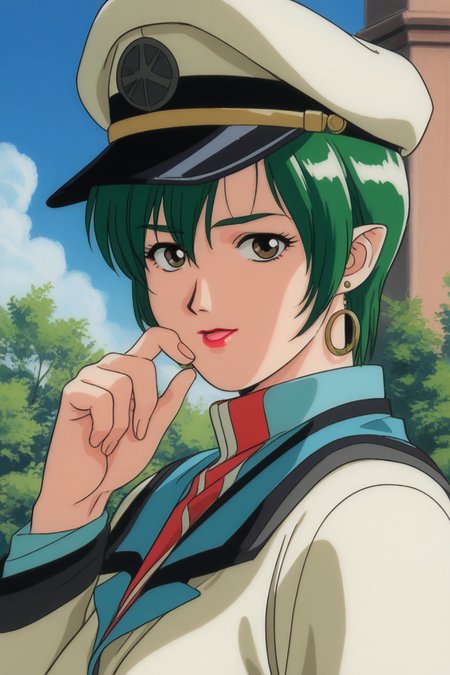 masterpiece, best quality, source_anime,official art,perfect_anatomy,1990s_\(style\),retro_artstyle,1girl, mm,a mature female,Milia_Fallyna,green_hair,bangs,short_hair,earrings,lipstick,makeup,military uniform,hat,(beautiful detailed face,looking_at_viewer),upper body,day,blue_sky,cloud