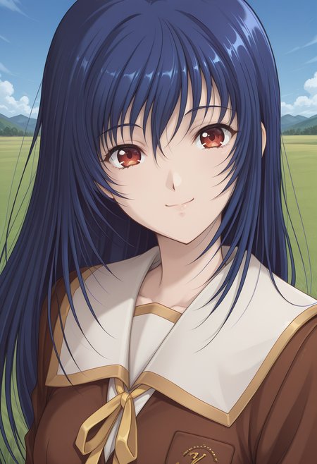 kuon_mayou, red eyes, blue hair, long hair, school uniform, white sailor collar, brown jacket, long sleeves,  <lora:kuon_mayou_illustrious_ver2:0.8> 
smile,, 1girl, solo, blue sky, (grasslands:1.2), looking at viewer,, masterpiece, best quality, sensitive,, (upper body:1.2), (open eyes:1.4), (portrait:1.4)