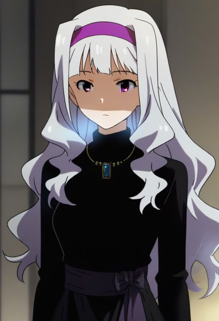 source_anime, uncensored, nsfw, <lora:Takane_Shijou_The_iDOLMSTER_2011_anime_art_style:.8>1girl, solo, grey hair, long hair, purple eyes, breasts, Takane black dress with green brooch outfit , purple hairband, jewelry, necklace, pendant, dress,