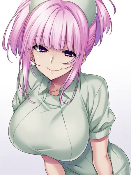score_9, score_8_up, score_7_up, 
1girl, mia tendou, pink hair, blunt bangs, ponytail, pink eyes, large breasts,

standing, white background, looking at viewer, smile, narrowed eyes, nurse, nurse cap, short sleeves
