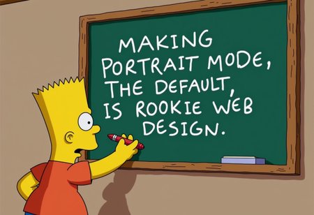 Bart Simpson writing "MAKING PORTRAIT MODE THE DEFAULT, IS ROOKIE WEB DESIGN" on a chalkboard