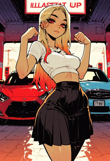 score_9, score_8_up, score_7_up, masterpiece, best quality, very aesthetic, detailed face, (dynamic:1.2), stylized, illustration, dynamic pose, (nsfw:1.2), girl, small nose, highres, absurdres,<lora:ck-shadow-circuit-IL:0.4> in the style of cksc, <lora:mon_monmon2133:0.2> <lora:Rapscallion_Illustrious:0.25> Rapscallionstyle, <lora:incoth:0.25> incoth, (incase:0.6), <lora:r17329_illu:0.35> r17329_illu, <lora:perspective:0.25> from front, perspective, (girl:1.2), (medium breasts, wide hips, blonde hair, red hairtips, red eyes, goth hairstyle, long hair:1.2), (looking at viewer, white crop top, matching skirt, gas station, fueling car, car, sexy pose:1.1), (low contrast, warm lighting:1.2)âââ