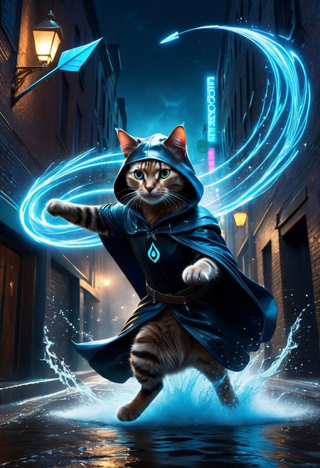 an anthropomorphic cat wearing dark hooded cloak is depicted in an action pose, swirling water with an arrow symbol in cat hand, floating above a street in a dark city alleyway, swirling magic effects and swirling energy waves surround cat, with a blue glow on cat face and body, looking at the camera, hyper detailed, movie still, ultrawide, vibrant masterpiece, (32K:1.0), UHD, best resolution, best micro details, best quality, best details, best artist, sharp edges, detailed textures, full view, atmospheric lighting, visually stunning, perfect composition, trending on behance