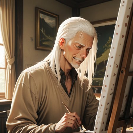 masterpiece, best quality, amazing quality, absurdres, newest, detailed background, definition so sharp, Ultra-HD, 8K cinematic, very awa, impressionate, amazing quality, highres, 
solo, male focus, manly, 
daikakukokujouji, lieutenant_white hair, lieutenant_brown eyes, 1boy, solo, old man, long hair, painting, focused expression, slight smirk,loose-fitting clothes, art studio, natural light, paintbrushes, canvas, satisfied, creative, absorbed, expressive, calm, joyful, cool hobby