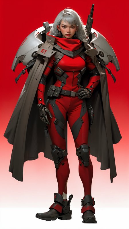 absurdres,(22 -year -old woman),perfect woman body,BREAK (grey cybersuit:1.1),android,(black upper armor),mechanical arms,machinery,prosthesis,solo,(silver hair),(long hair),cloak,BREAK hand on hip,contrapposto,(red background:1.5),<lora:nijiarmor_anime_v2:0.6>,<lora:gunsLoHatry3:0.5>,<lora:NijiExpressV2:0.4>,holding a assault gun,