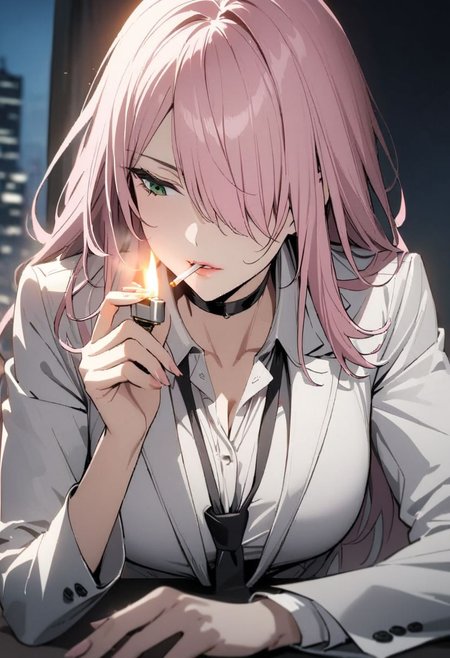 1woman, solo,  long hair, pink hair, black choker, green eyes, one eye covered by hair, lying on side, eyeliner,  gorgeous lips, white suit, tie, office lady,  looking down, <lora:sm0k1ngXL:0.6> sm0k1ng, smoking, holding lighter, lighting cigarette, night, face lit by lighter, cinematic, (masterpiece), (best quality), (ultra-detailed), very aesthetic, illustration, perfect composition, intricate details, absurdres