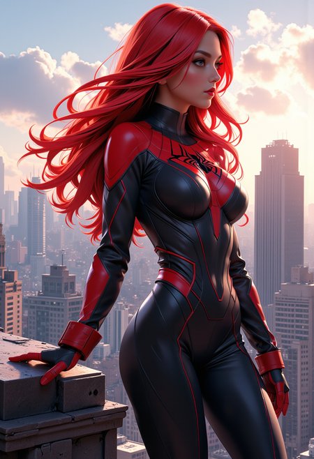 profile shots, full body view, photoshoot poses, dynamic angles, multiple angles, photoshoot poses;A photo of MJ_Marv3l, cosplaying as spiderman, is a digital illustration, playful, and whimsical. The image features a woman with red hair wearing a black and red spiderman suit. She is standing atop a building, in front of a cityscape, with buildings visible in the background. The woman is posing confidently, showcasing her costume and the spiderman logo on her chest. The overall composition of the image is dynamic and visually engaging, capturing the essence of the spiderman character. with a sense of action and adventure. Style: realistic hyper-detailed rendering, 32k UHD, expressive eyes, punk, graphic design, girl's face, pretty and cute, gleaming lips, telling a tale of adventure. Exuding confidence and serenity. The overall mood of the image is happy and relaxed,detailed skin texture,(blush:0.2),(goosebumps:0.3),subsurface scattering,with a playful and whimsical tone, Niji style, detailed hand, perfect hands, 