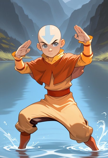 masterpiece, absurdres, high quality, perfect anatomy, 1boy, solo, cute boy, male focus, Aang, Grey Eyes, Bald, Blue Facial Marking, Blue Arrow (Symbol) Tattoo On Forehead, Air Nomad Outfit, Yellow Shirt, Long Sleeves, Orange Capelet, Orange Sash Belt, Yellow Pants, martial arts pose, in lake, water magic, water bending, water swirling around body,