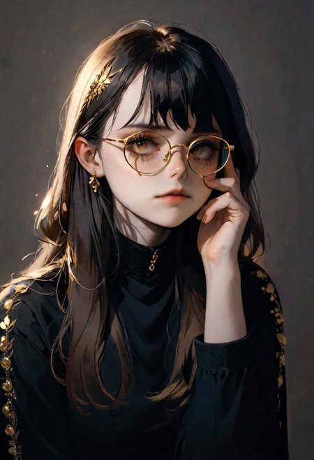 1girl reflective glasses
bangs
long hair
 lethargic sleepy smoky eyes
her hands under her chin,
    shadows, 
  Gradient mastery,   gold decorations 
 photography, photography-color, portraits