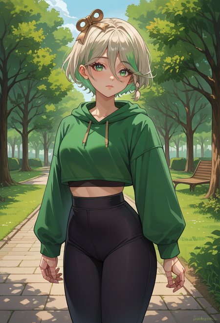 score_9, score_8_up, source_anime, 1girl, solo, CeciliaImmergreen, hair ornament, doll joints, short hair, braid, outdoors, park, green hoodie, high-waist pants, yoga pants, black pants, light blush, <lora:ChamCeciliaImmergreenPonyXL:1>