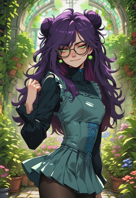 score_9, score_8_up, score_7_up, score_6_up, score_5_up, (source_anime, 1girl, glasses, purple hair, disheveled hair, long hair, double bun, earrings, freckles, smirk, dark, green light, dramatic, blue frills corset, pleated skirt, detached frills sleeves, pair of shockings, pantyhose, wind lift, garden, pink sky)