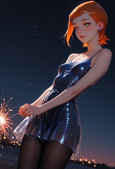 very detailed, flat color, no lineart, Vibrant Contrast, gradient colors, particle effect, (fine fabric emphasis:1.2), (((masterpiece, amazing quality, best quality, ultra-detailed, 8K, illustration, amazing quality, newest, absurdres, realistic))), highres, very aesthetic, absurd res, hi res, very awa, dynamic angle, refined, volumetric lighting, cinematic lighting, blurry background, vivid colors, ((source_realistic:1.6)), hyper detailed, (dynamic pose:1.4), depth of field, photorealistic colors,  

 perfect anatomy, detailed face, detailed hair, 

(  1girl:1.3), (nighttime, playing with fireworks, dark night:2), (young:1.5), (slender:1.3), (skinny:1.0), (petite:1.3), (delicate:1.3),  (confused, perplexed:1.3), (clear glass dress:1.3),   gwen tennyson (/Ben10)/,(ultra HD quality details), bright orange hair, short hair, (green eyes)