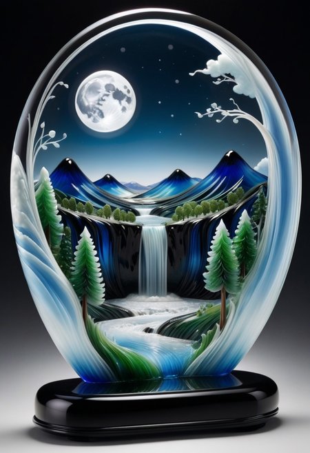 lazympos, murano_glass_style, landscape made of glass, valley, river, waterfall, mountains, clouds, night, full moon.