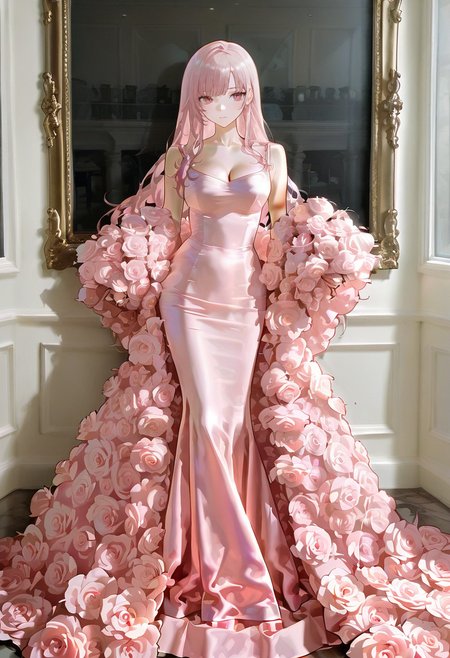 1girl,solo,looking at viewer,ikeda ruriko,rose dress, pink dress, mori_calliope