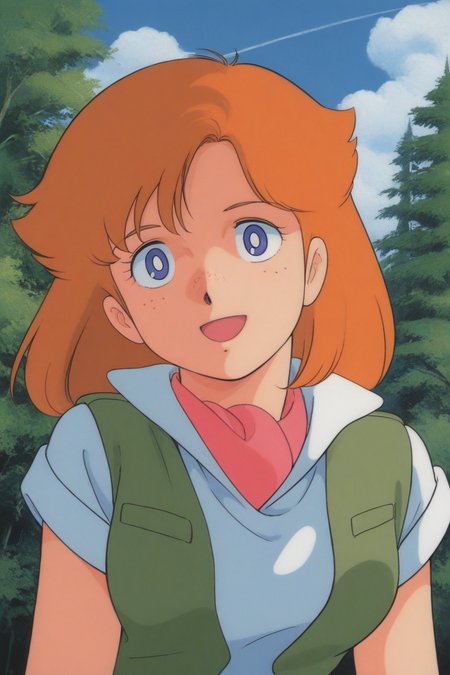 masterpiece, best quality, source_anime,official art,perfect_anatomy,1990s_\(style\),retro_artstyle, 1girl,Doris,blue_eyes,Freckles,orange_hair,long_hair,green_dress,(beautiful detailed face,looking_at_viewer,smile,open mouth),upper body,day,forest,blue_sky,cloud