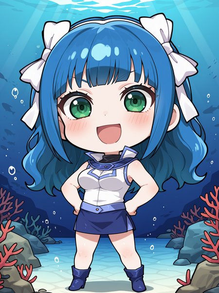 yukiko umino,chibi,1girl,solo,open mouth,full body,smile,hands on own hips,looking at viewer,standing,:d,large breasts,blush,official alternate costume,duel academy uniform \(yu-gi-oh! gx\),white sleeveless shirt,blue skirt,black bodysuit,white hair ribbon,blue heel boots,ocean,underwater,
masterpiece,best quality,amazing quality,very aesthetic,absurdres,newest,<lora:Yukiko Umino & Mei Kitaki & XXXX  5 in 1 illusXL v1:0.72>,