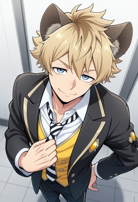 masterpiece,best quality,amazing quality, source_anime,
RuggieBucchi, 1boy, male focus, animal ears, solo, hand on hip, neckwear grab, smile,  necktie grab,  looking at viewer, blue eyes, from above, standing, white shirt, blonde hair, school uniform, shirt, white shirt, collared shirt, necktie, striped necktie, black and white necktie, vest, yellow vest, jacket, blazer, black jacket, open jacket,
