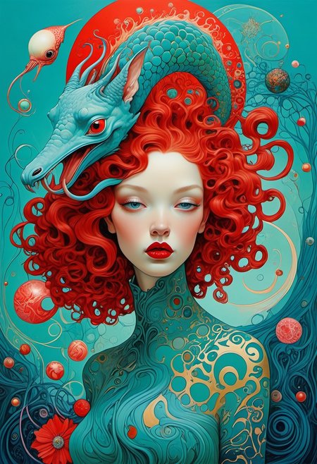 James Jean and Salvador Dali, The composition includes evil female, red short dress, curly red hair with glitter, The composition includes beautiful, exotic, magical, surreal,  full view, Long teal curly hair,  planet  intricately detailed,  the surreal figure of Long teal curly hair,g0thicPXL,woodland freckled fairy, masterpiece, retro style, art by Sergio Lopez , Natalie Shau,  view, create a sense of detailed, abstract, trippy, 60s style, op art,  cell shaded, 8k. The composition includes overlapping circles, sharp-edged polygons,