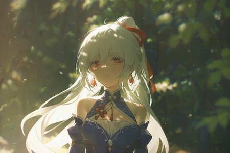 masterpiece,best quality, score_9,score_8,score_7_up,score_6_up, solo, 1girl, dappled sunlight, blurry, jingliu,white hair,long hair,ponytail,hair ribbon,red eyes, earrings, jewelry, blue dress,bare shoulders, detached sleeves, east asian architecture, 
<lora:konyakarasueXLlokr4f:0.9>  <lora:jingliux_xl:0.8>