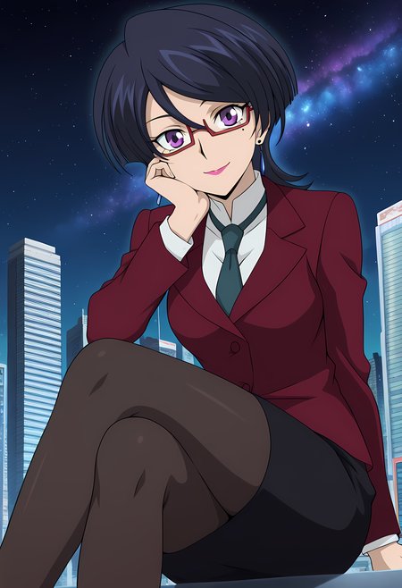masterpiece,best quality,amazing quality,

solo, 

Akane Kiyosu (Cardfight Vanguard), short hair, black hair, mole under eye, purple eyes, glasses, lipstick, earrings, jewelry, formal, suit, jacket, black pencil skirt, pantyhose,

looking at viewer, smile, cheeks leaning on arm,

cinematic, crossing legs, 

Outdoors, night, On top skyscraper, sci-fi city, (galaxy sky:1.2),

Lens flare, bloom, detailed shadow,

Official style, anime screencap, anime coloring,













