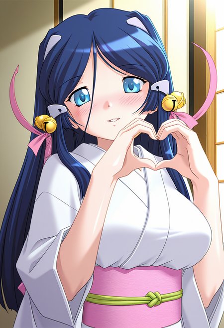 masterpiece, best quality, amazing quality, very aesthetic, absurdres, official art, ultra detailed, 
1girl, 1ch1n0s3_m1k1, blue hair, blue eyes, long hair, hair ornament, hair bell, large breasts BREAK gleaming skin, japanese clothes, white kimono, sash, obi, 
blush, smile, parted lips, looking at viewer, 
standing, pinup, heart hands, 
in japaneseroom, upper body, sharp focus, depth of field, highly detailed, detailed skin, volumetric lighting, soft shadows,  <lora:ichinose miki v1.2-000014:1>