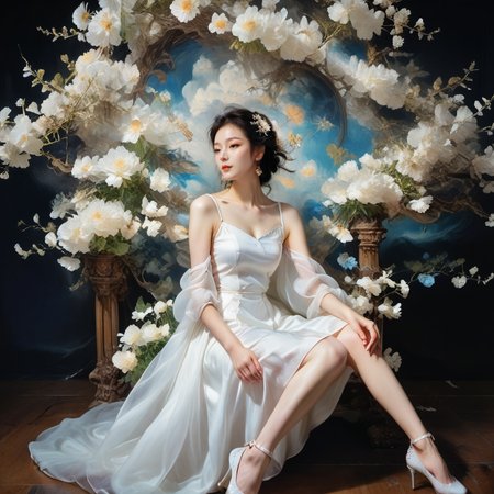 <lora:add-detail-xl:1.0>, 1girl, solo, flower, dress, white dress, earrings, sitting, jewelry, high heels, hair ornament <lora:LangV1:0.7>, <lora:RuanV1:0.6>,