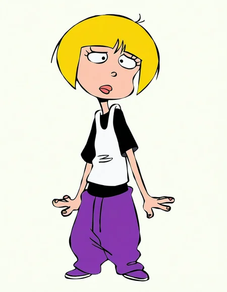 nazz,blonde hair, short hair, 1girl, shirt, solo,, pants, t-shirt purple pants,   <lora:NazzIllustrious1.0JLFO:1> simple background,, looking at viewer,