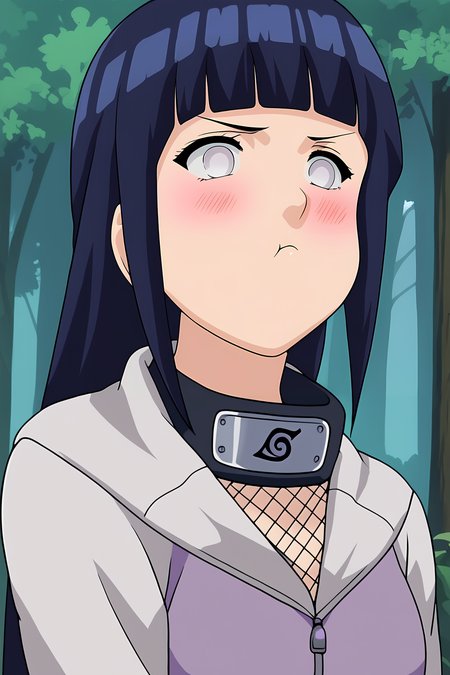 score_9, score_8_up, score_7_up, score_6_up, source_cartoon, BREAK, HinataHyugaNXL, no pupils, white eyes, black hair, long hair, blunt bangs, mediun breasts, forehead protector, fishnets, purple jacket, long sleeves, upper body, forest, blush, pout, closed mouth  <lora:MamakoPoutPXL:1>  <lora:HinataHyugaNXL:1>