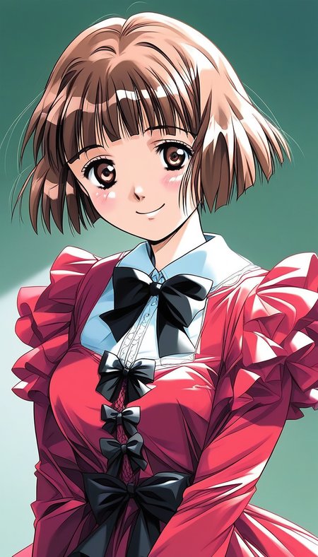 score_9, score_8_up, score_7_up, source_anime, rating_explicit, BREAK <lora:Tsuzuki_Kozue_XL:1>Tsuzuki_Kozue, brown hair, short hair, brown eyes, blunt bangs, medium breasts,
1girl, solo, long sleeves, 
smile, dress, looking at viewer, bow, v arms, upper body, black bow, ribbon, 
red dress, bowtie
day, school,