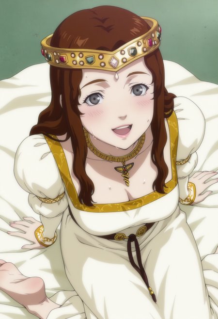anime screencap, anime coloring,  <lora:DX888Charlotte:1> charlotte, grey eyes, brown hair, lips,hair down, long hair, princess, crown,  necklace, puffy sleeves, long dress, BREAK simple background, green  background, BREAK   1girl, arm support, blush, breasts, feet, from above, looking at viewer, looking up, open mouth, sitting, smile, soles, solo, sweat,