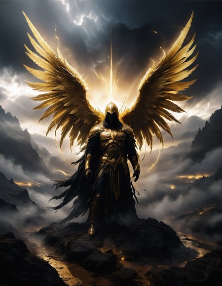wide angle, full body, hidden face, hooded, fallen angel, big golden wings, tattered robe, wearing black body armor, full body armor, golden feathers falling, majestic wings, powerful stance, cloudy sky, fantasy, ethereal, mystical, mist and fog, Imposing, Dramatic lighting, earth terrain, black theme, dark,