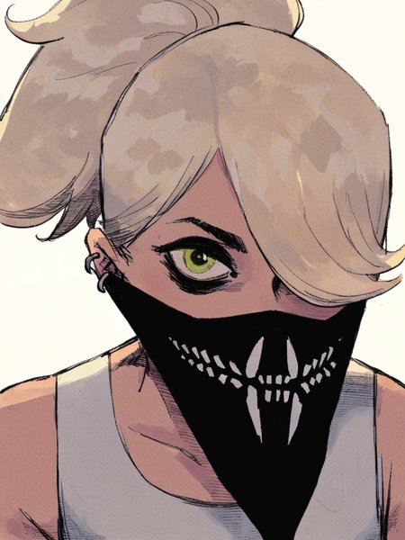 score_9, score_8_up, score_7_up, 
1girl, erica slaughter, green eyes, ponytail, blonde hair, hair over one eye, ear piercing, black eyeshadow,

bandana over mouth, white background, looking at viewer, upper body, face, white tank top, 