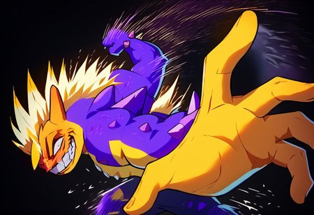 score_9, score_8_up, score_7_up, black background, Tox_amped, purple and yellow skin, yellow spikes, spikes, crazy, evil grin, IncrsPunchMeme, incoming punch, 5 fingers, motion lines