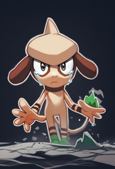 score_9, score_8_up, score_7_up, score_6_up, score_5_up, score_4_up, smearglepkmn, solo, pokemon \(species\), tan fur, eye markings, thin tail, tail tuft, green tail tip, black eyes, small pupils, plantigrade, 3 fingers, 3 toes, crying, glowing eyes, expressionless, reaching out, 
BREAK,
cracks in the ground, floating rocks, static, black background, flat ground, black theme, greyscale, thick outline, black outline, j3n