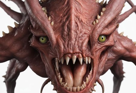 masterpiece, best quality, awsome details, smal fragile monster, skin like flesh  no nose, 3 tongues, 3 eyes, shapre long stick out teeth
