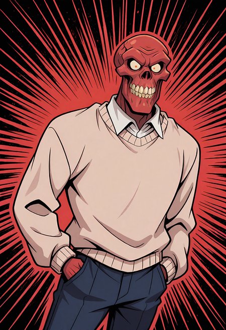 masterpiece, best quality, amazing quality, dutch angle, dynamic angle, abstract background, BREAK
solo, male, vb_reddeath, red body, skull head, teeth, white sclera, tan sweater, white collar, blue pants, BREAK
 <lora:cfg_scale_boost:.5> <lora:Red_Death_-_The_Venture_Brothers_-_ILXL:1>