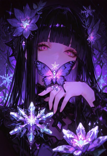 (Theme: Draconic Crystals). masterpiece, newest,absurdres,incredibly absurdres,1girl, Miki, solo, bug, butterfly, bangs, black hair, looking at viewer, long hair, blunt bangs, covered mouth, purple eyes, purple theme, eyelashes, flower, pink eyes, snowflakes look like crystals, 
dark_theme,abstract background, 
depth of field,white sphere on the background