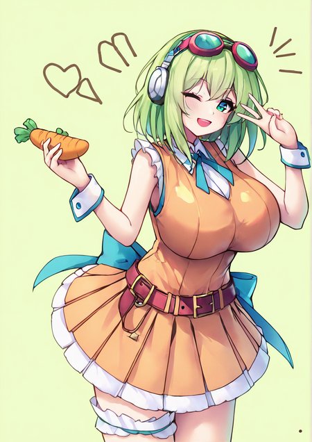 1girl, gumi, huge breast, , aqua ribbon, belt, bridal garter, carrot, collar, cowboy shot, dress, food, frilled skirt, frills, goggles, goggles on head, green background, green eyes, green hair, headphones, holding, holding carrot, holding food, holding stuffed toy, holding vegetable, layered skirt, leaning forward, looking at viewer, medium hair, miniskirt, one eye closed, open mouth, orange skirt, orange vest, red goggles, ribbon, sidelocks, sketch, skirt, sleeveless, sleeveless dress, smile, solo, stuffed toy, triangle, peace sign, vegetable, vest, white collar, wrist cuffs, yellow dress, , handfixer,zPDXL3 <lora:Breast Slider - Pony_alpha1.0_rank4_noxattn_last:3> <lora:HandFixer_pdxl_Incrs_v1:1> <lora:ããããgd_5253:1>
