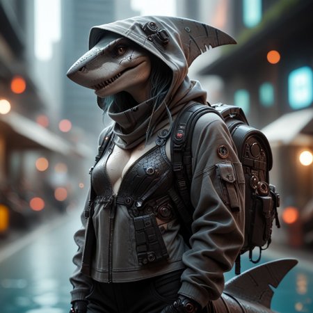 score_9, score_8_up, score_7_up, score_6_up, score_5_up, score_4_up, source_photo, source_real, source_furry, 1girl, solo, skinny, (anthro shark female:1.3), techwear, grey skin, scars, shark fangs, big open mouth grin, evil, solo, gloves, long_sleeves, standing, jacket, pants, hood, bag, blurry, no_humans, blurry_background, backpack, helmet, robot, mecha, 1other, zipper, science_fiction, realistic, (cyberpunk city background:1.3)
