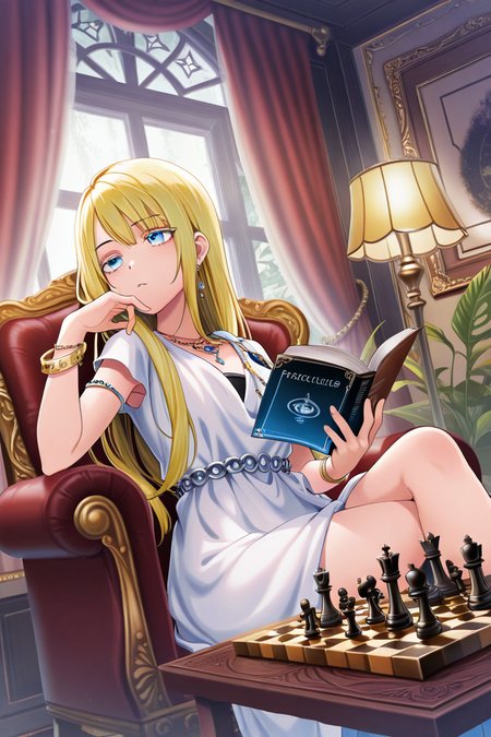 masterpiece, best quality, amazing quality,
 <lora:Neo_IL:1> neo, 1girl, blonde hair, book, solo, jewelry, blue eyes, earrings, sitting, bracelet, long hair, dress, lamp, holding, indoors, plant, holding book, board game, chess piece, reading, chair, bangs, white dress, window, crossed legs, curtains