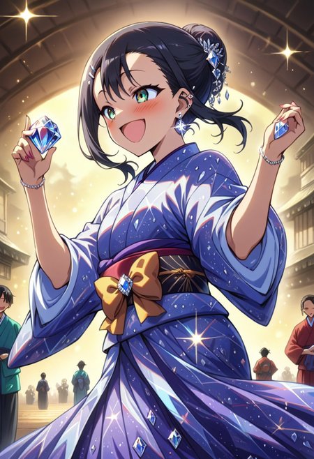 (masterpiece,best quality:1.5), high quality details,, amazing quality,  newest, scenery, volumetric lighting 
shiny skin, utatane hiroyuki, BREAK, diamond in hands, diamond earings,
1girl, nagatoro hayase
japanese kimono, colorful kimono,
, smile, happy, dancing, 
jewel
diamondMW, countless diamonds,
