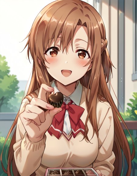 score_9, score_8_up, score_7_up, source_anime, asunayuuki, <lora:asuna-yuuki-s1-ponyxl-lora-nochekaiser:1>, asuna yuuki, long hair, brown hair, brown eyes, medium breasts,, <lora:incoming-chocolate-ponyxl-lora-nochekaiser:1> incoming food, chocolate, holding, holding chocolate, holding food, food, looking at viewer, open mouth, blush, smile, school uniform,, ,