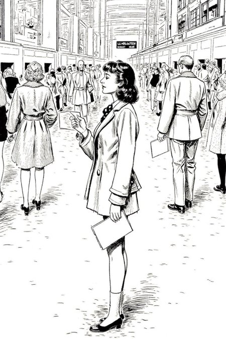 alexray1 drawing.
Profile of a high school student in uniform, white socks and black shoes, standing in the middle of a train station, holding two acceptance letters--one for a local college and the other for an overseas university. The station is bustling with people moving in every direction, while she stands still, eyes closed, taking a deep breath as she tries to decide which future to follow 
 <lora:alexray1_nocap_d6a3:1.0><lora:815516540633043888:0>
